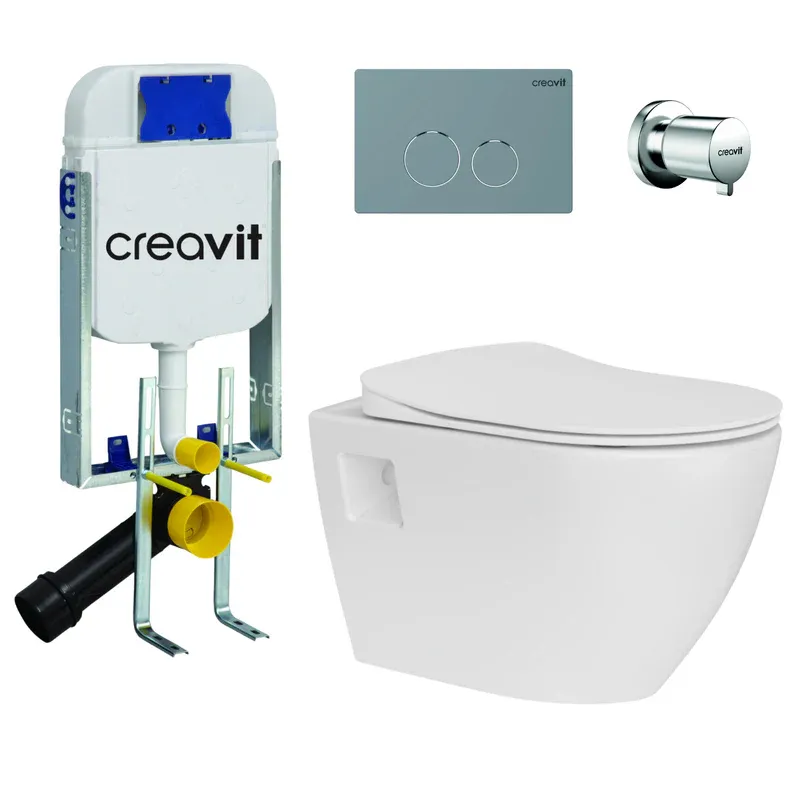Creavit GR5001+GP8002+AC40P Terra Asma Klozet + Termoplast Kapak + Gri Kumanda Paneli + Gömme Rezervuar + Ara Kesme Valfi Set